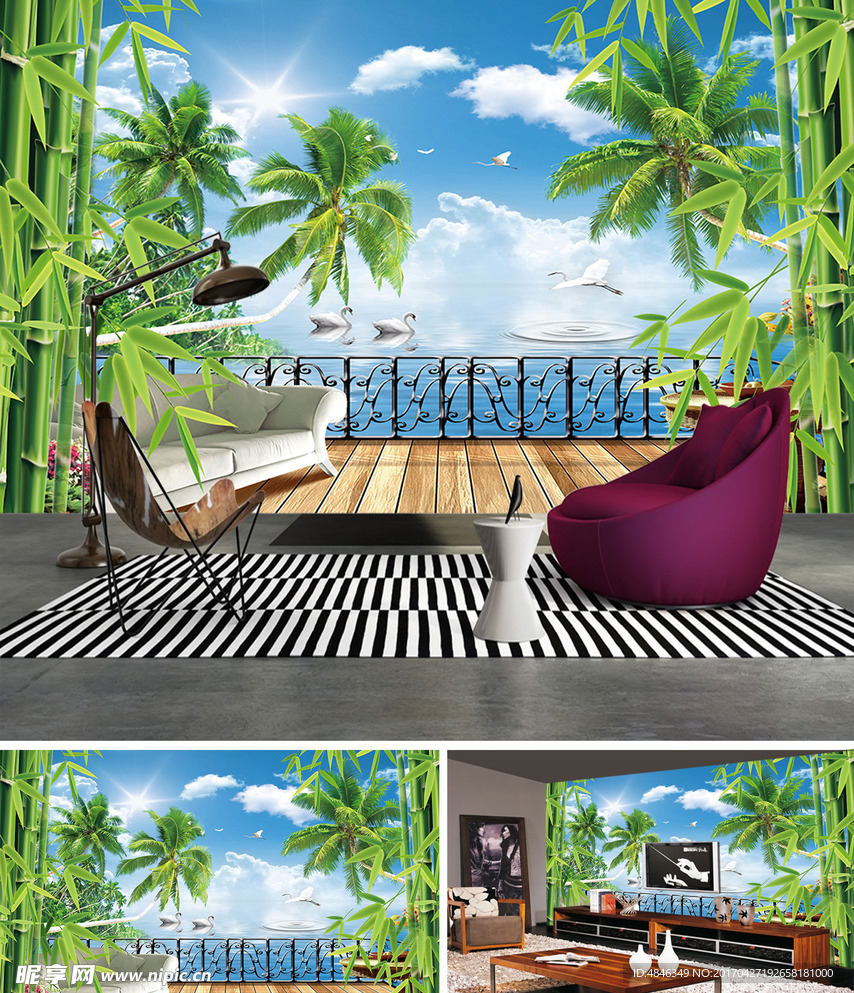 海滩椰树风景背景墙