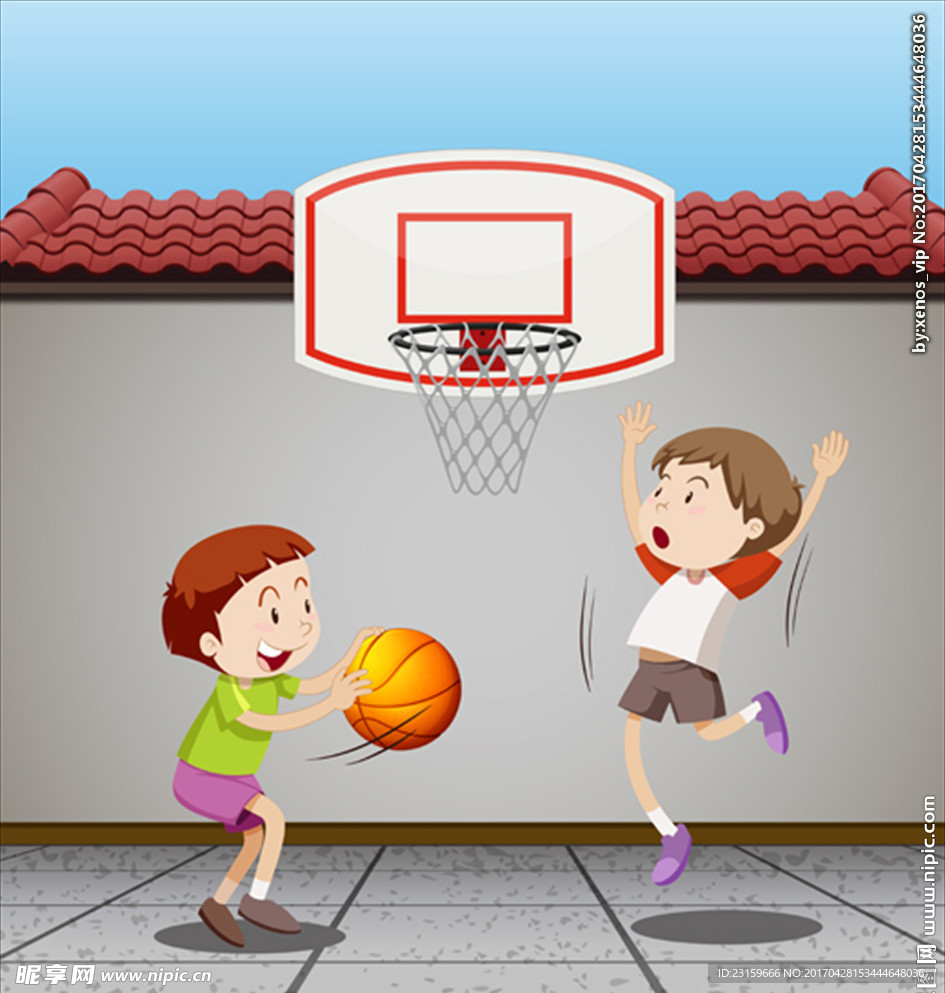 卡通儿童节打篮球的男孩