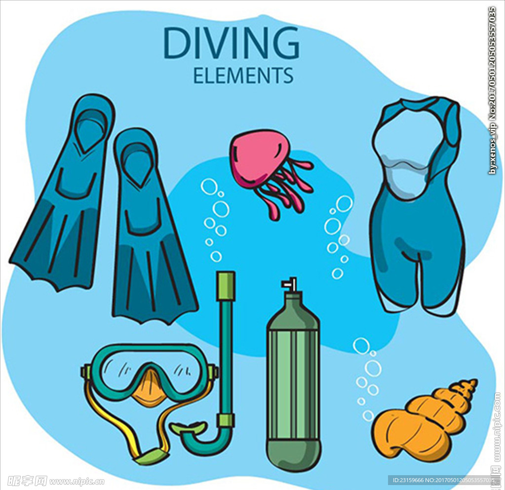 手绘风格潜水运动用品元素