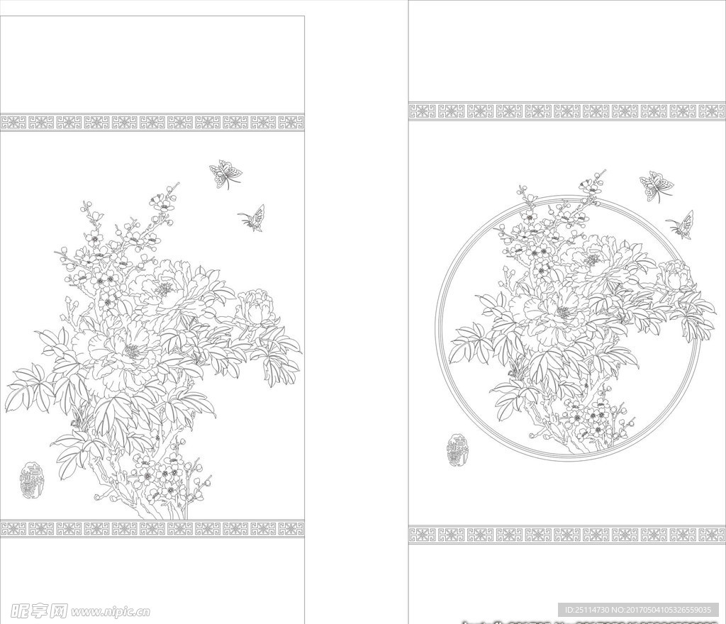 牡丹花蝴蝶艺术玻璃矢量图线描图