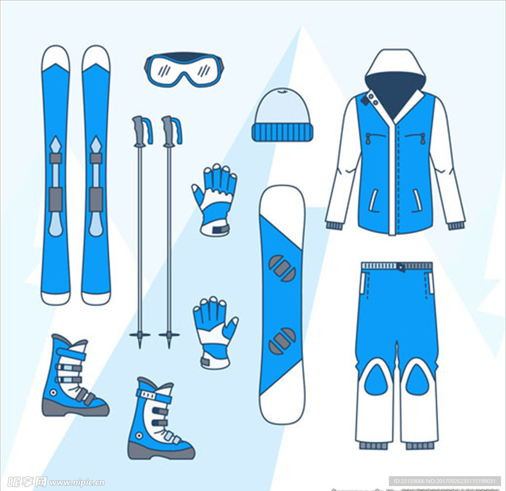 蓝色卡通滑雪运动用品配件
