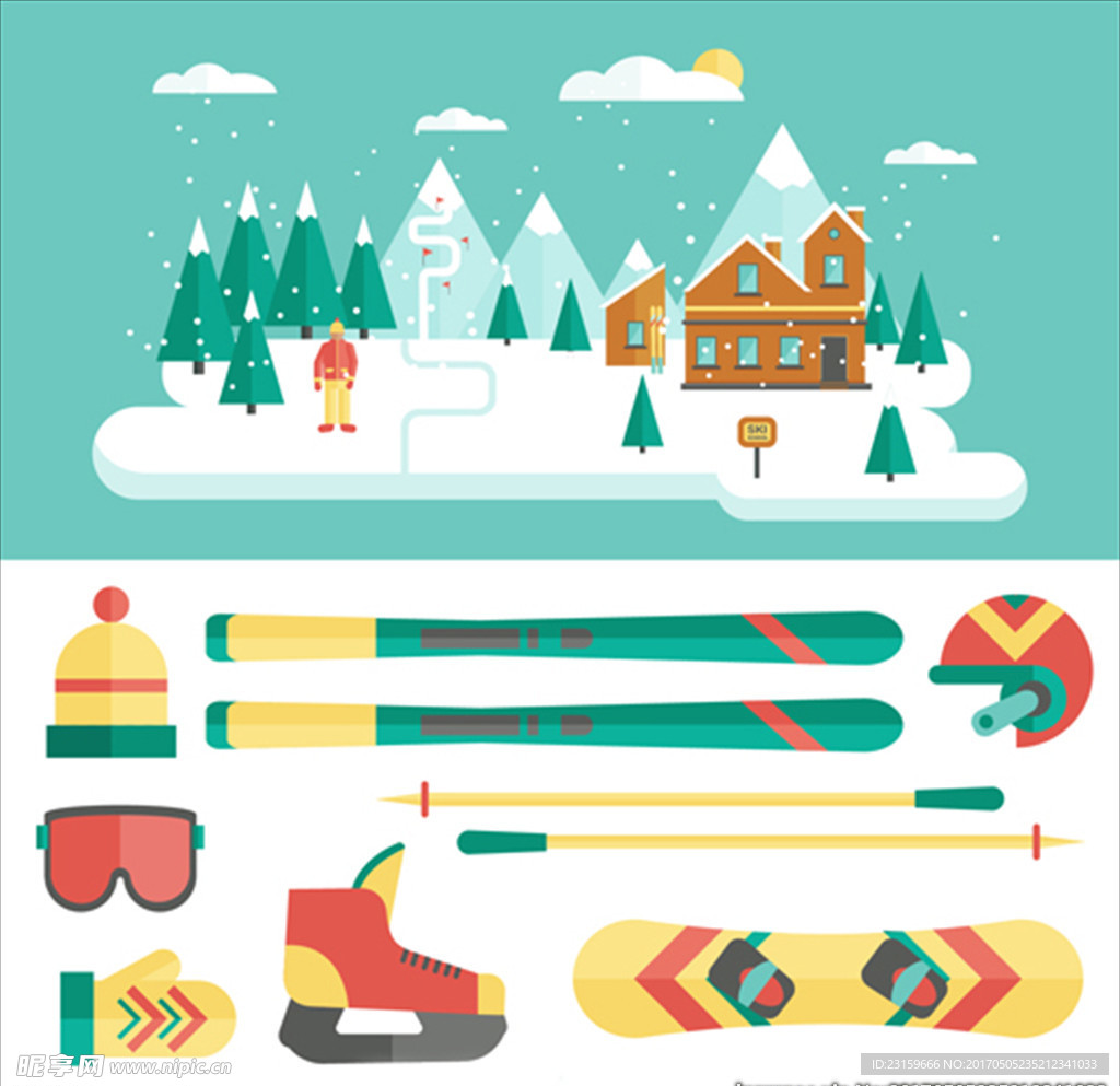 卡通滑雪运动设计元素