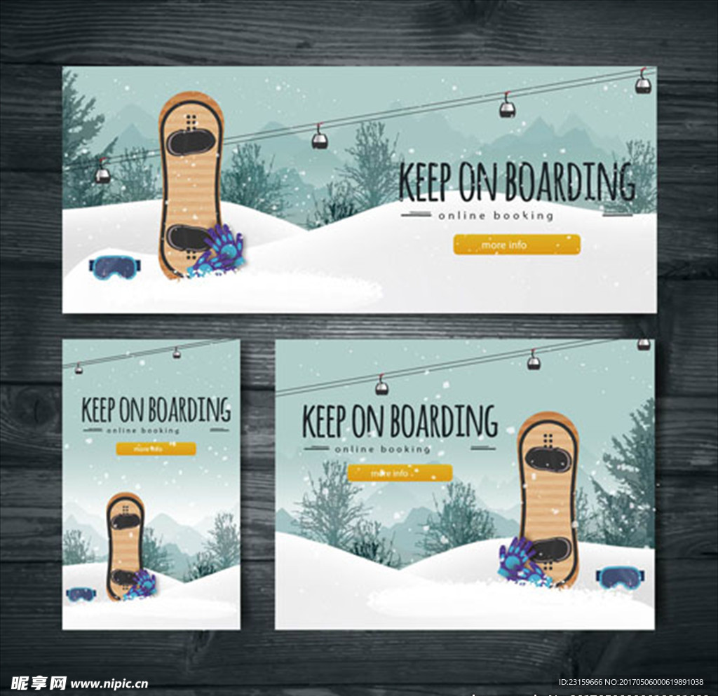 一组平面滑雪滑板运动广告