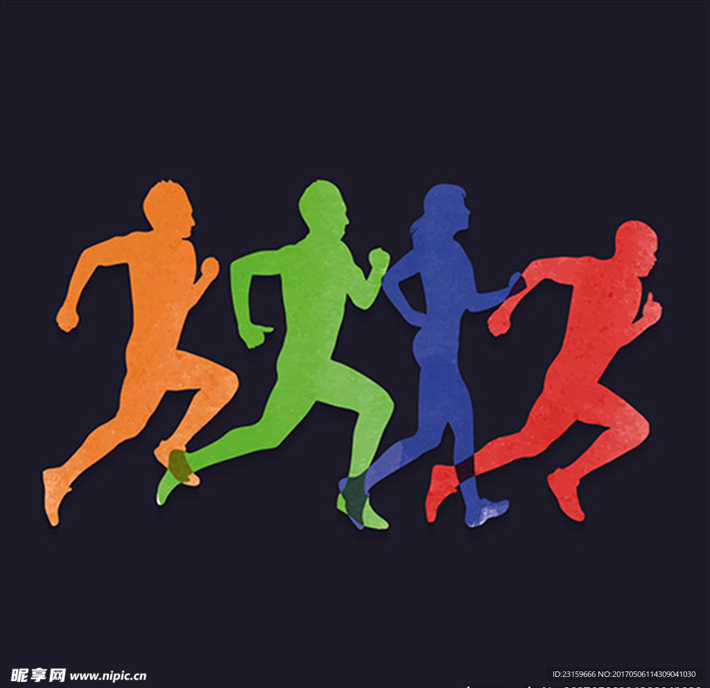 彩色跑步比赛剪影轮廓插图