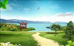 蓝天白云湖泊草地背景图片