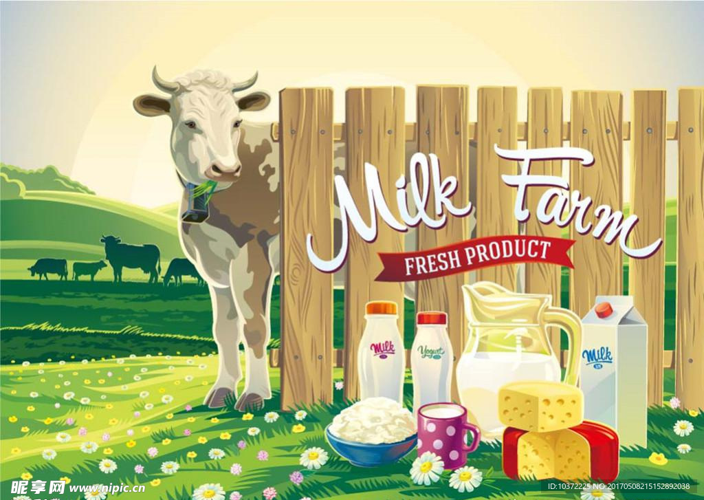 牛奶与农场景观海报矢量素材下载