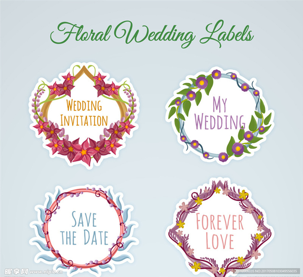 4款水彩绘婚礼花卉标签矢量素材