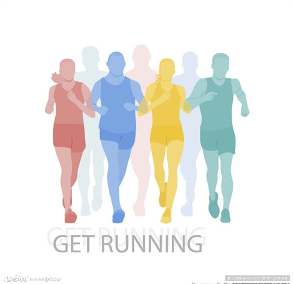 一组男女跑步彩色剪影轮廓
