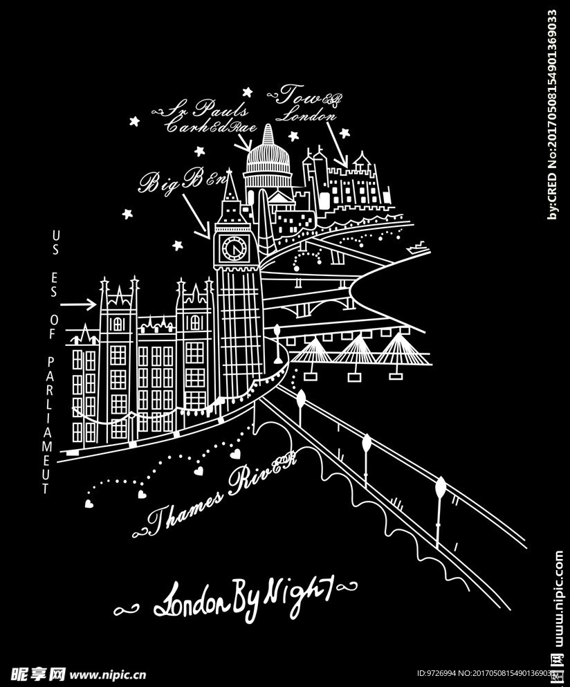 手绘线描城堡建筑矢量图