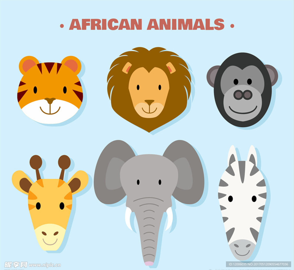 6款可爱非洲动物头像矢量素材