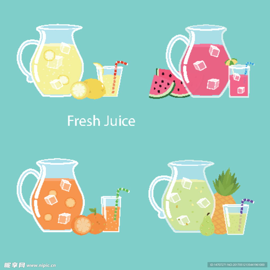 各种美味的果汁平面设计插图