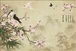 新中式手绘竹梅花鸟沙发背景墙