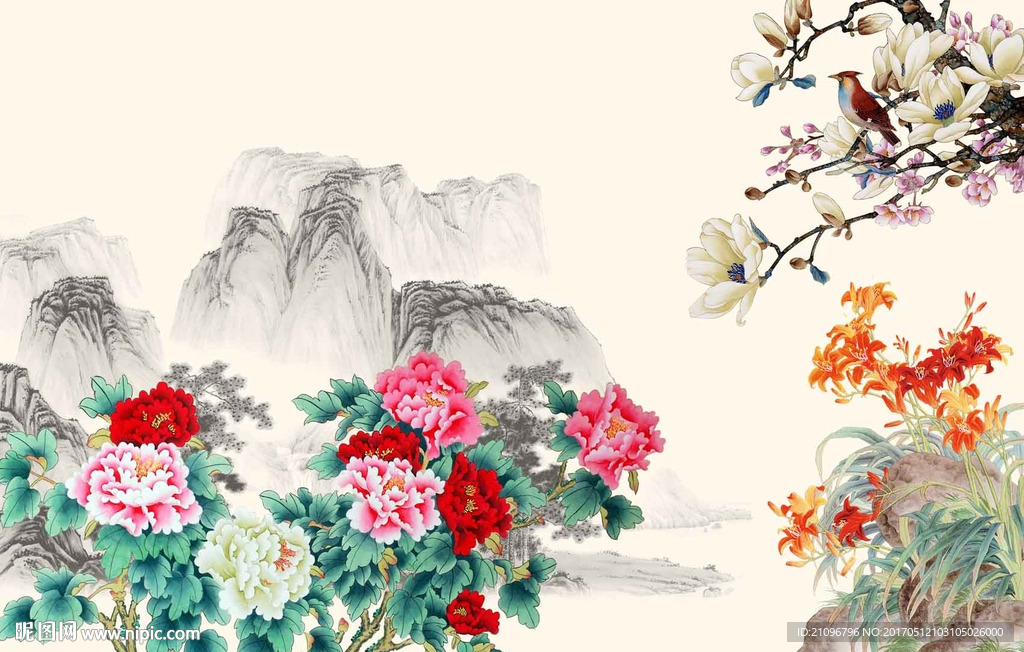 花鸟牡丹背景墙