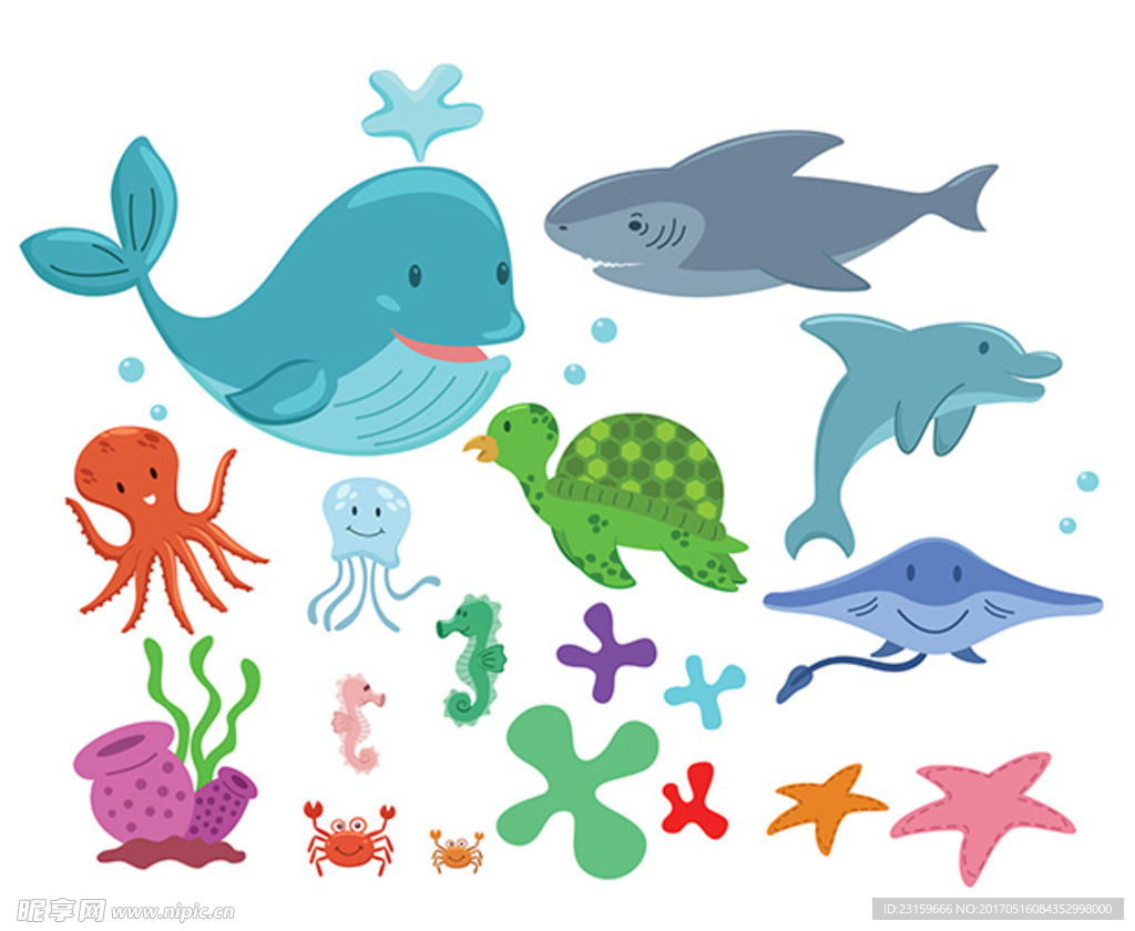 卡通夏季海洋动物