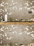 现代手绘新中式工笔花鸟背景墙