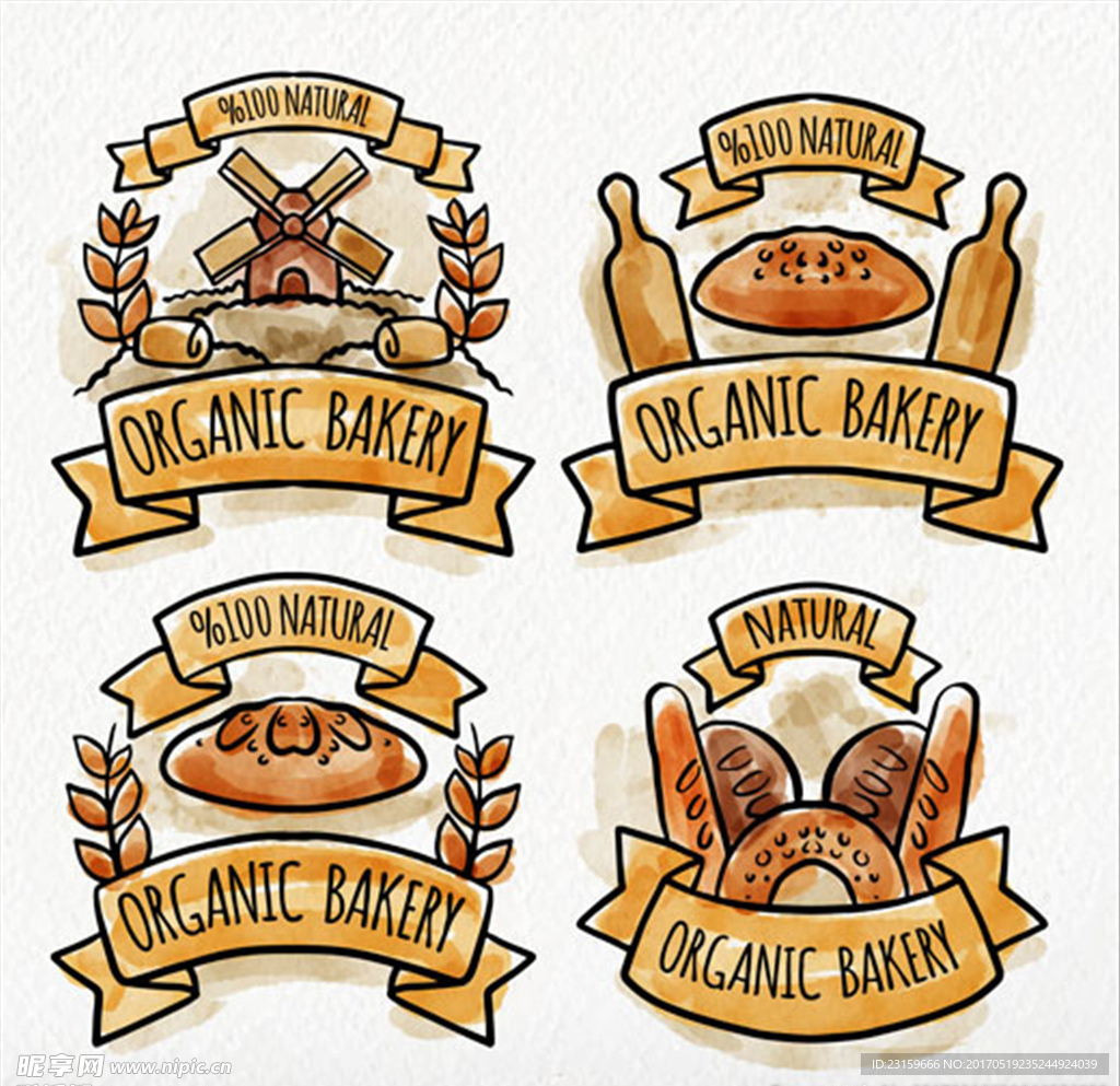 手绘水彩四款面包标签标识