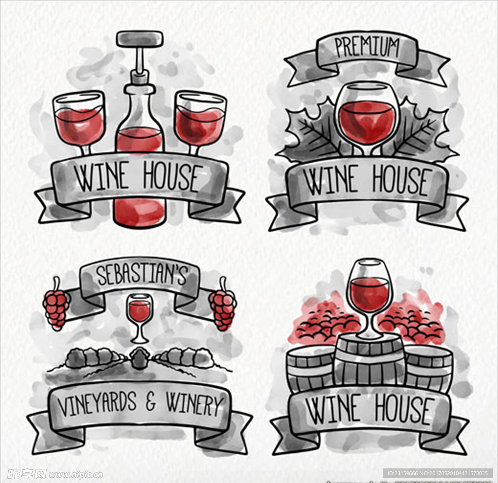 手绘水彩红葡萄酒标签