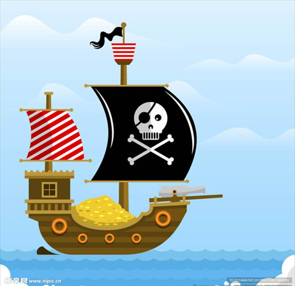 卡通平面海上的海盗船