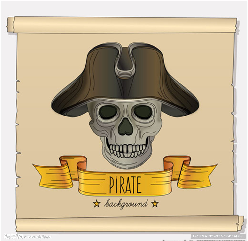 手绘戴着海盗帽的骷髅头骨