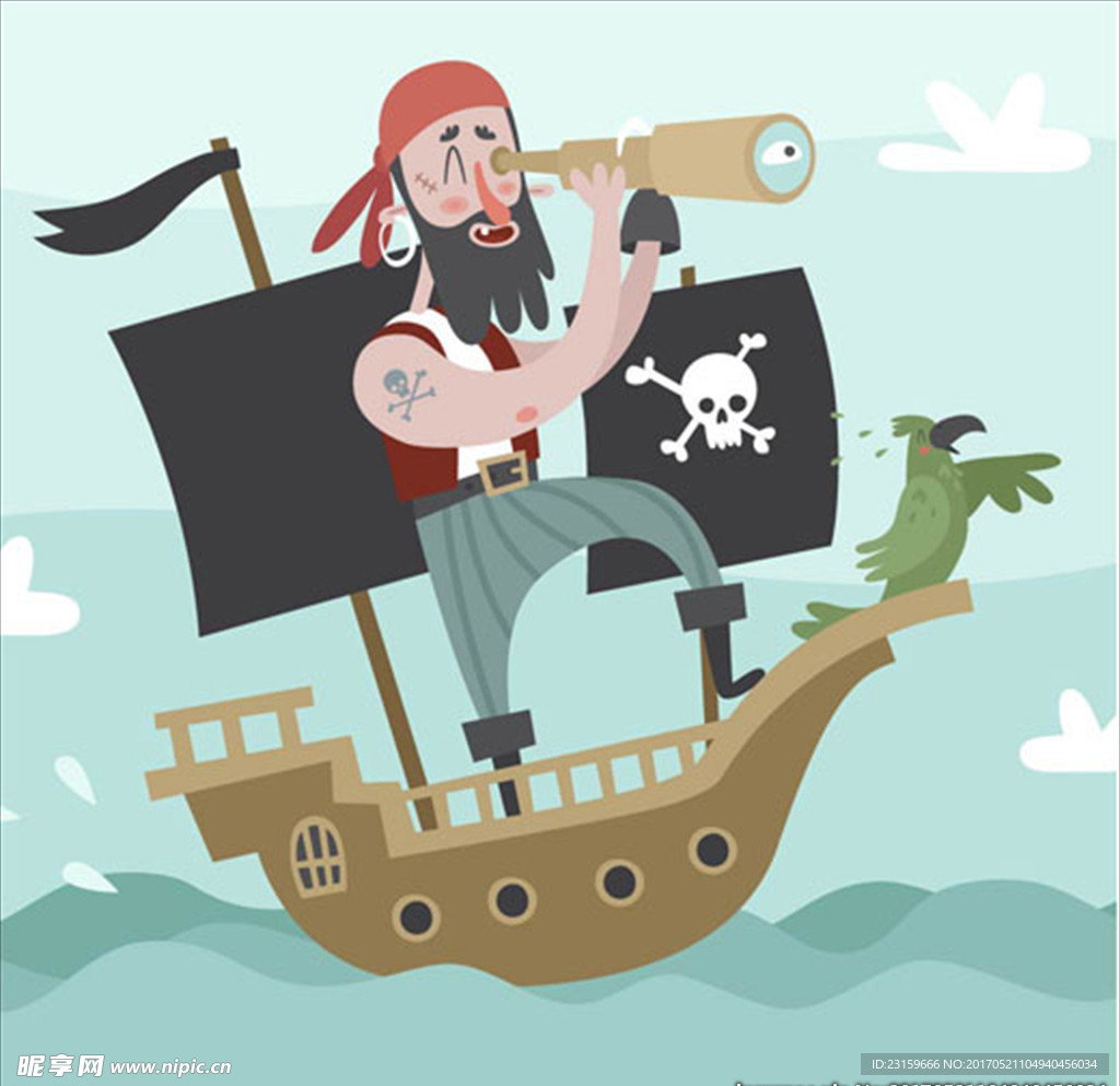 卡通用望远镜的海盗