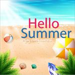 遮阳伞和球的夏日沙滩海报