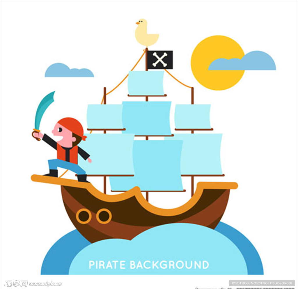 卡通海盗船上的海盗插图