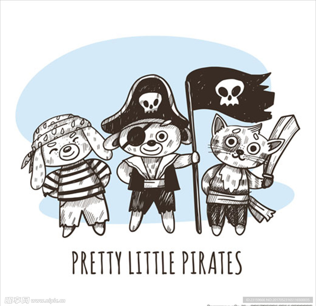 手绘三个可爱的海盗