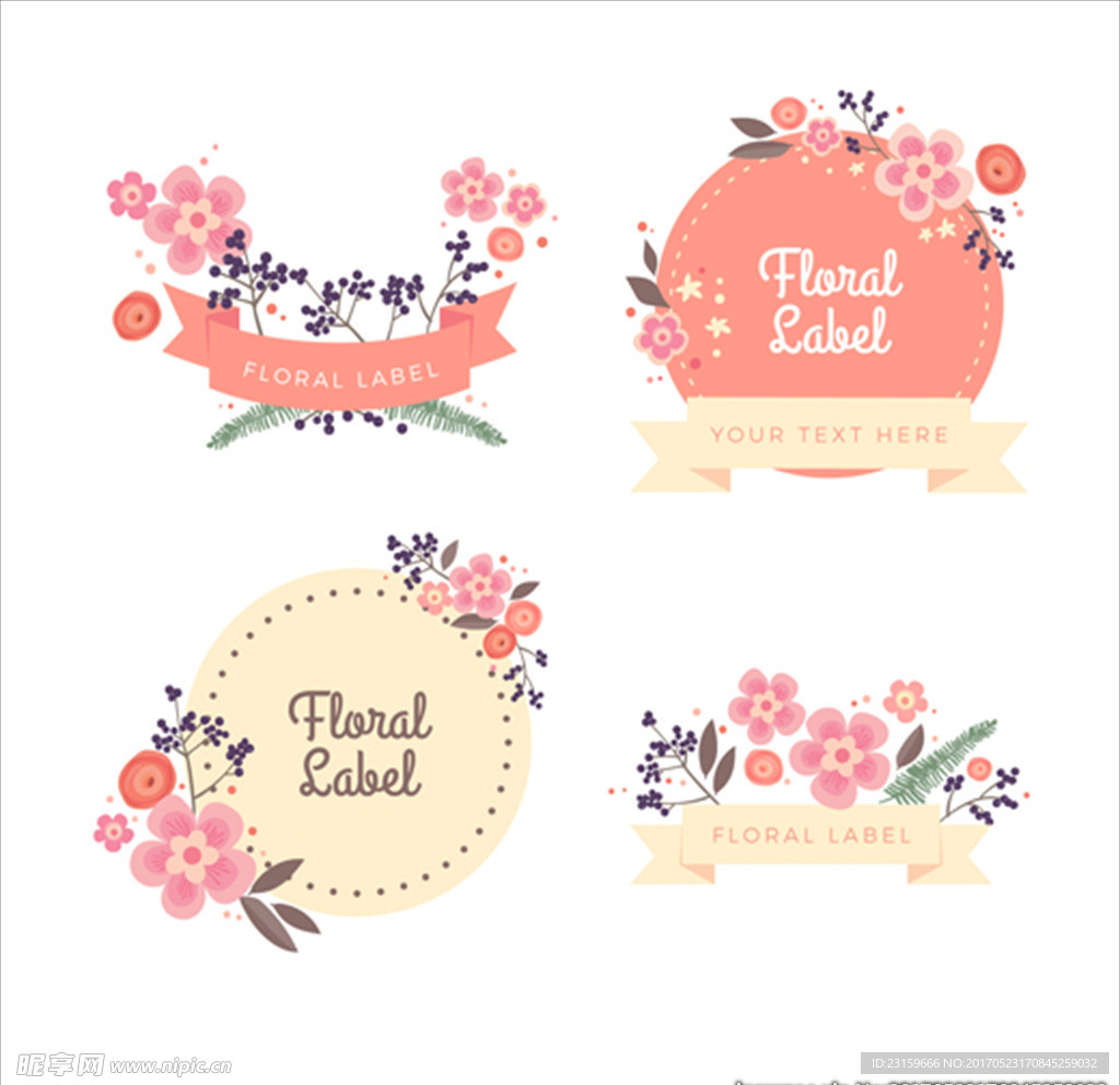 彩色装饰花卉婚礼标签