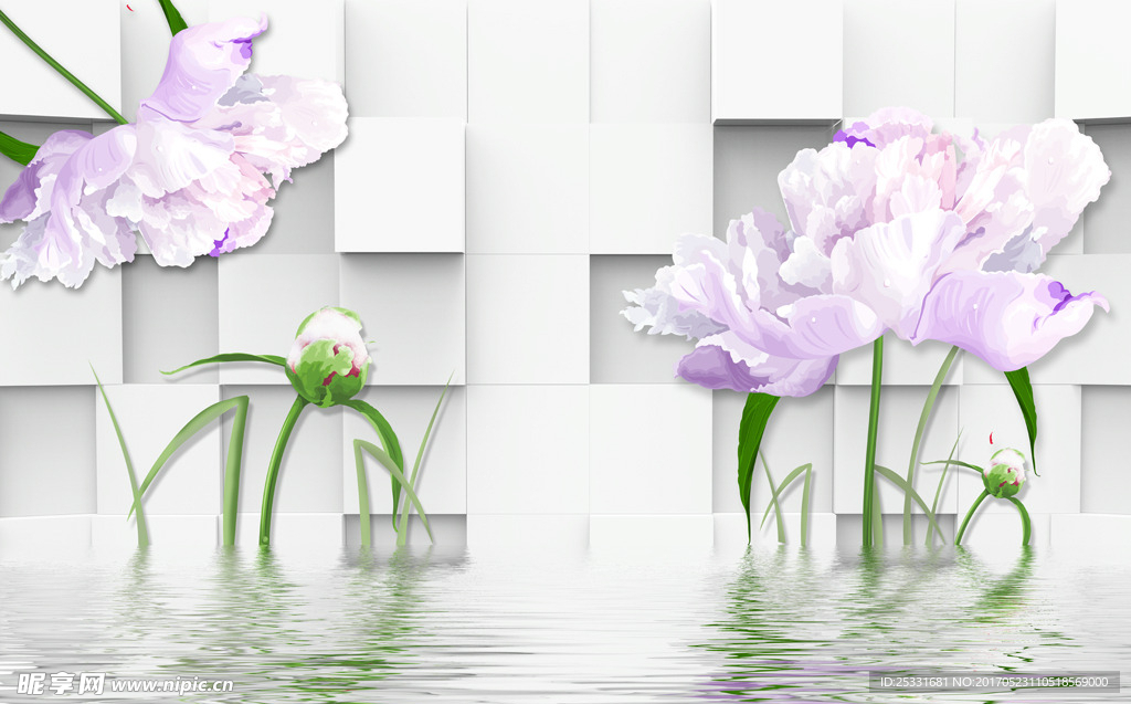 花卉百合郁金香倒影方块背景墙