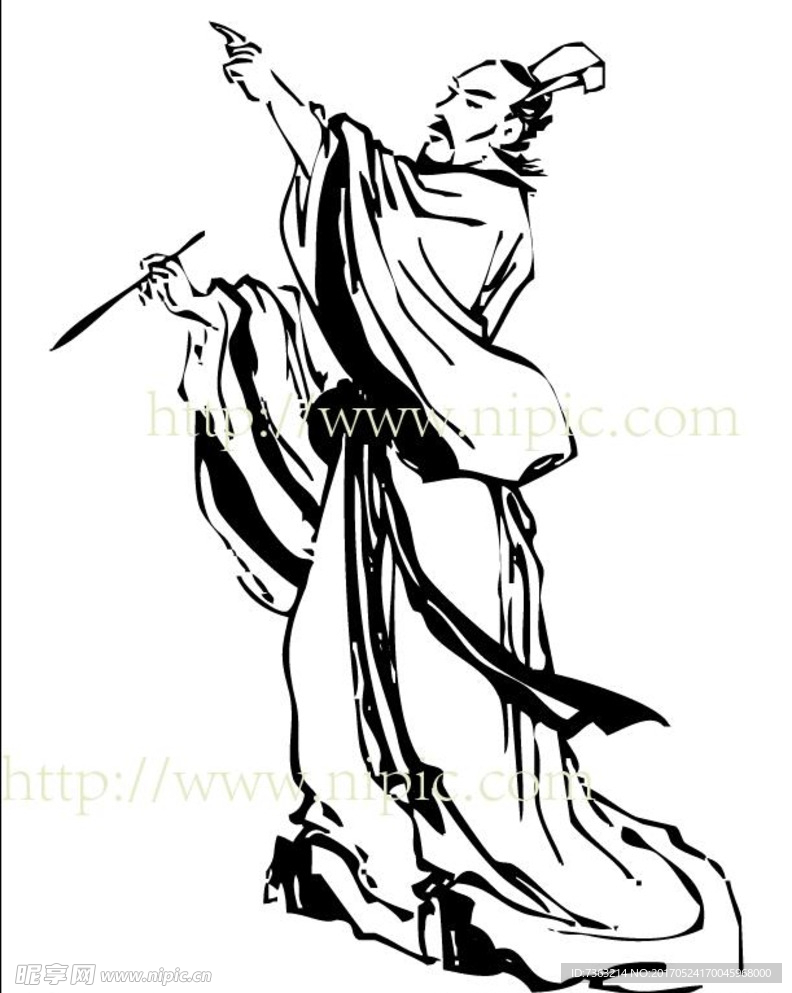 屈原国画素描矢量图古代人物