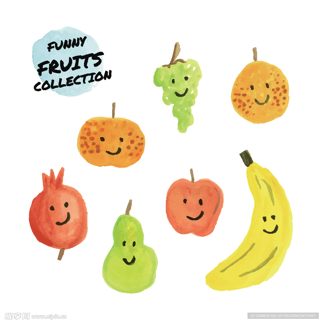7款可爱彩绘表情水果矢量图