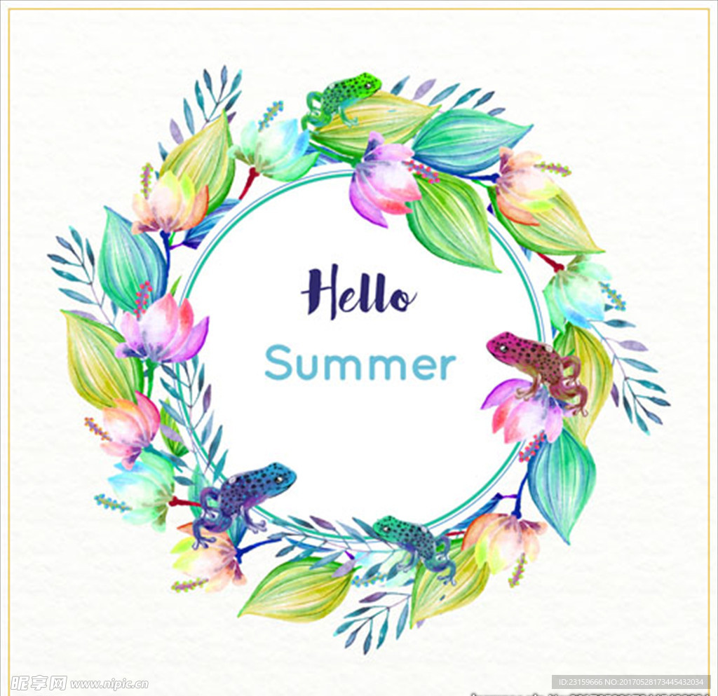手绘水彩夏日青蛙花卉插图