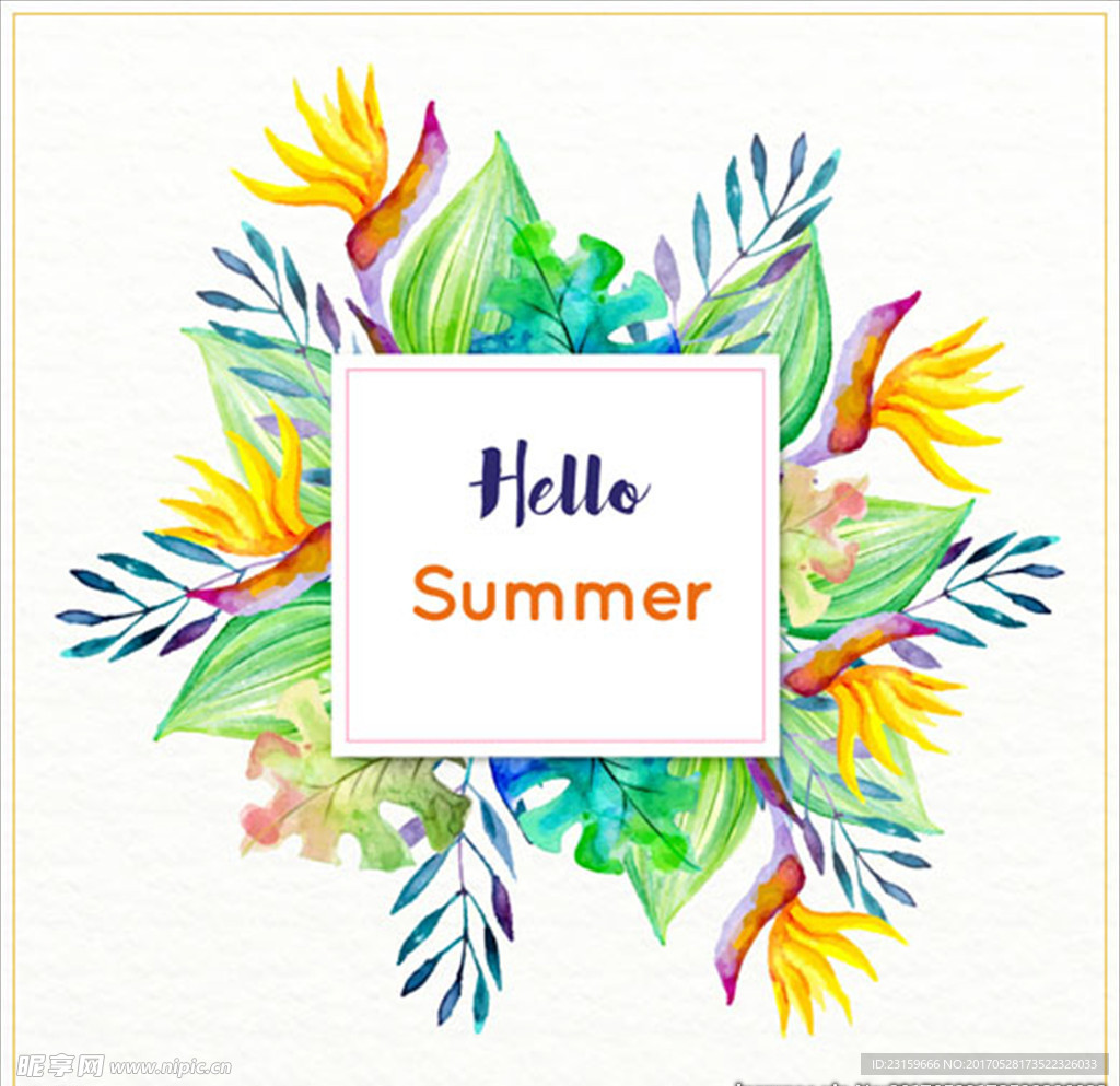 手绘水彩夏日棕榈叶花卉框架