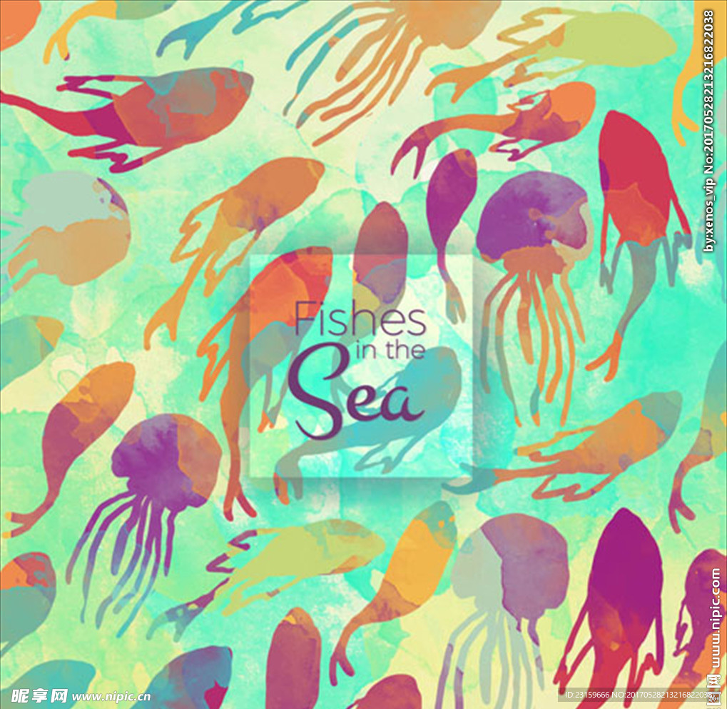 彩色水彩鱼和水母的背景