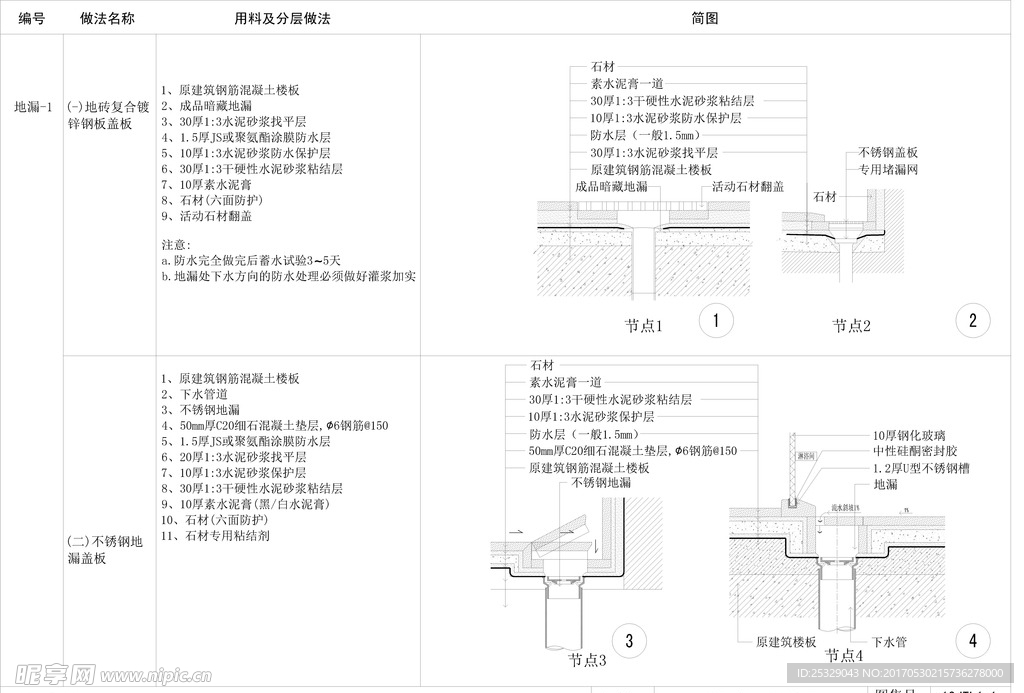 地漏剖面cad节点图