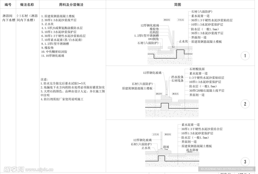 淋浴间内下水槽工艺做法剖面图