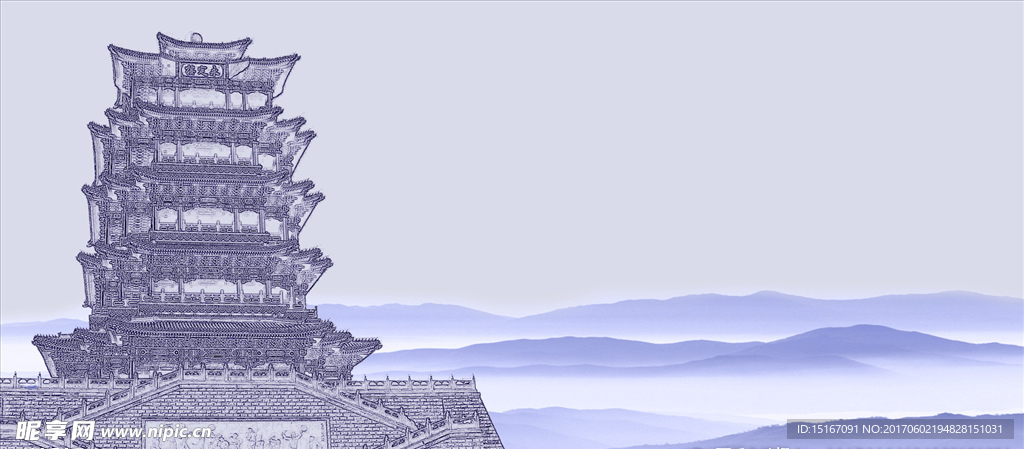 蓝色素描古建筑古塔背景设计