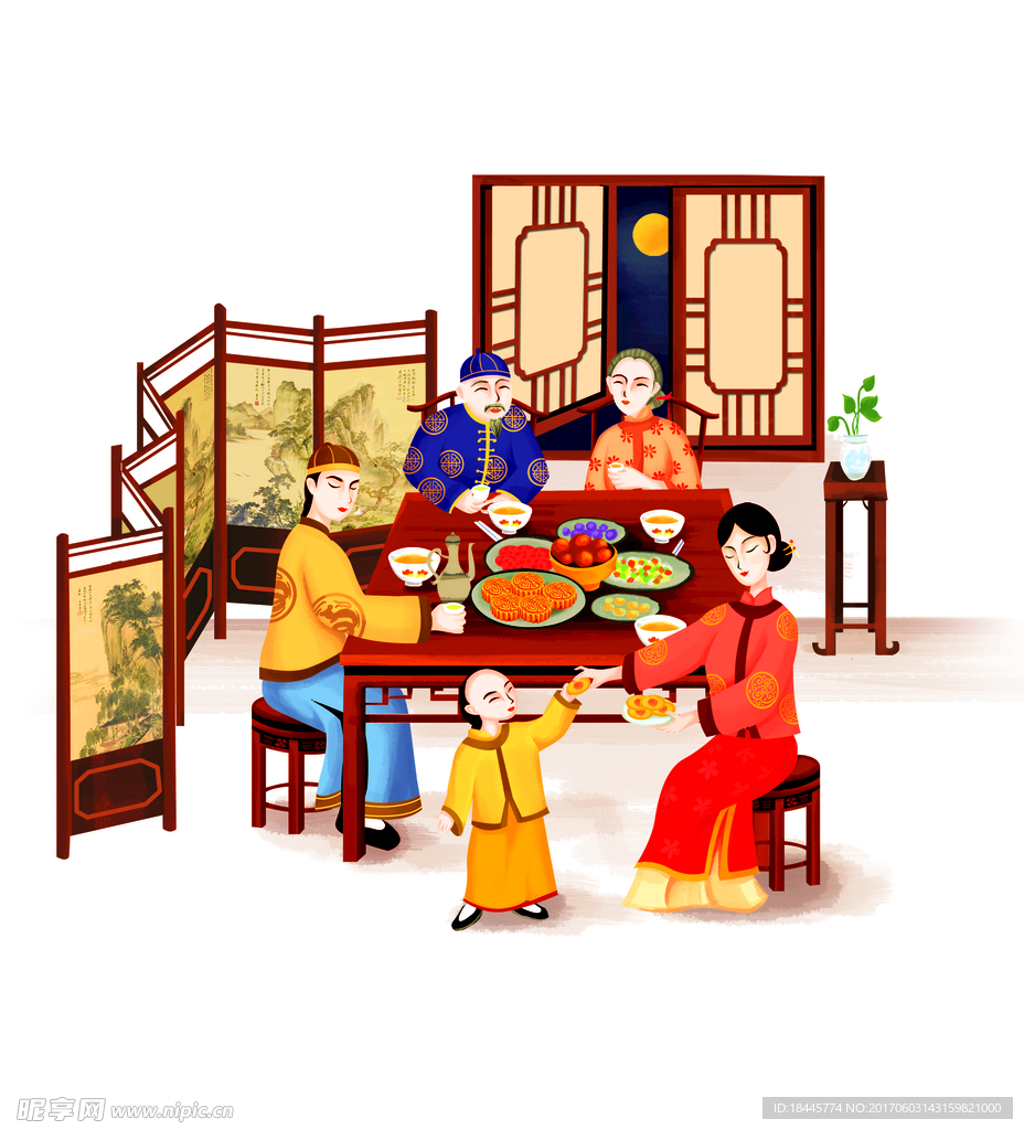 人物聚会 饼 中秋 团圆