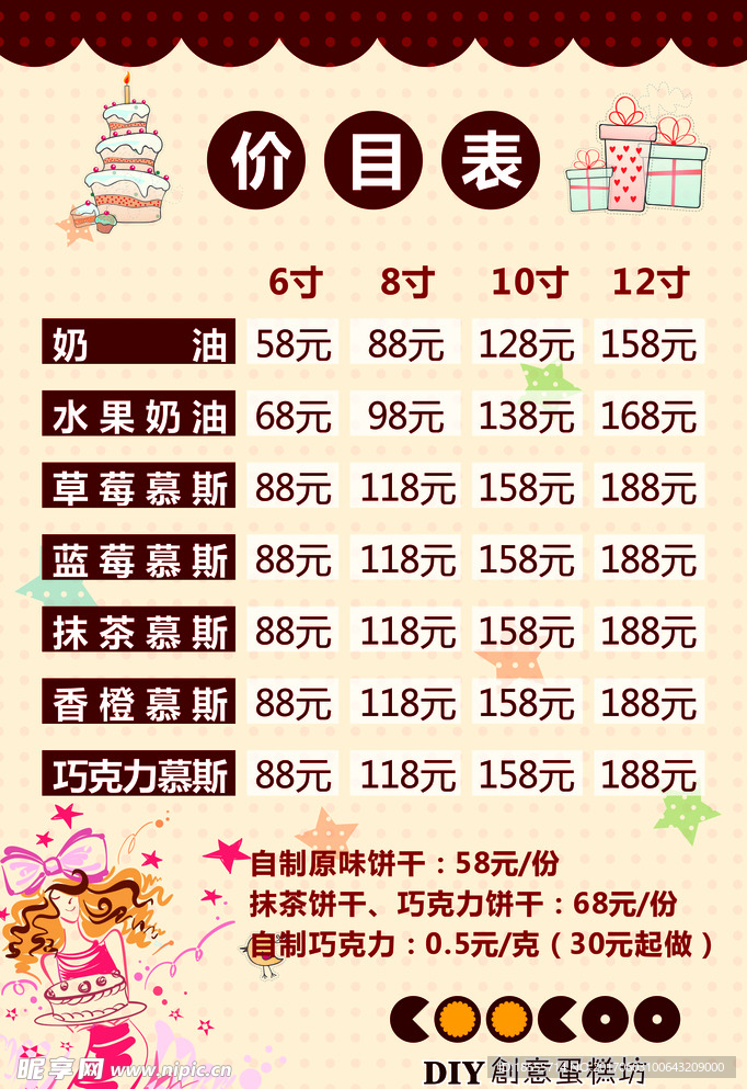 蛋糕店价目表