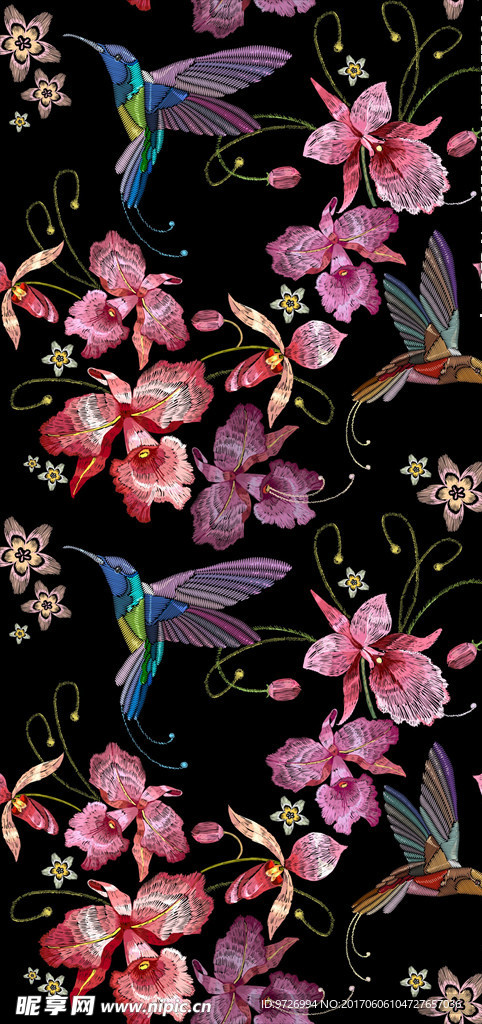 植物花朵花卉蜂鸟刺绣底纹矢量图