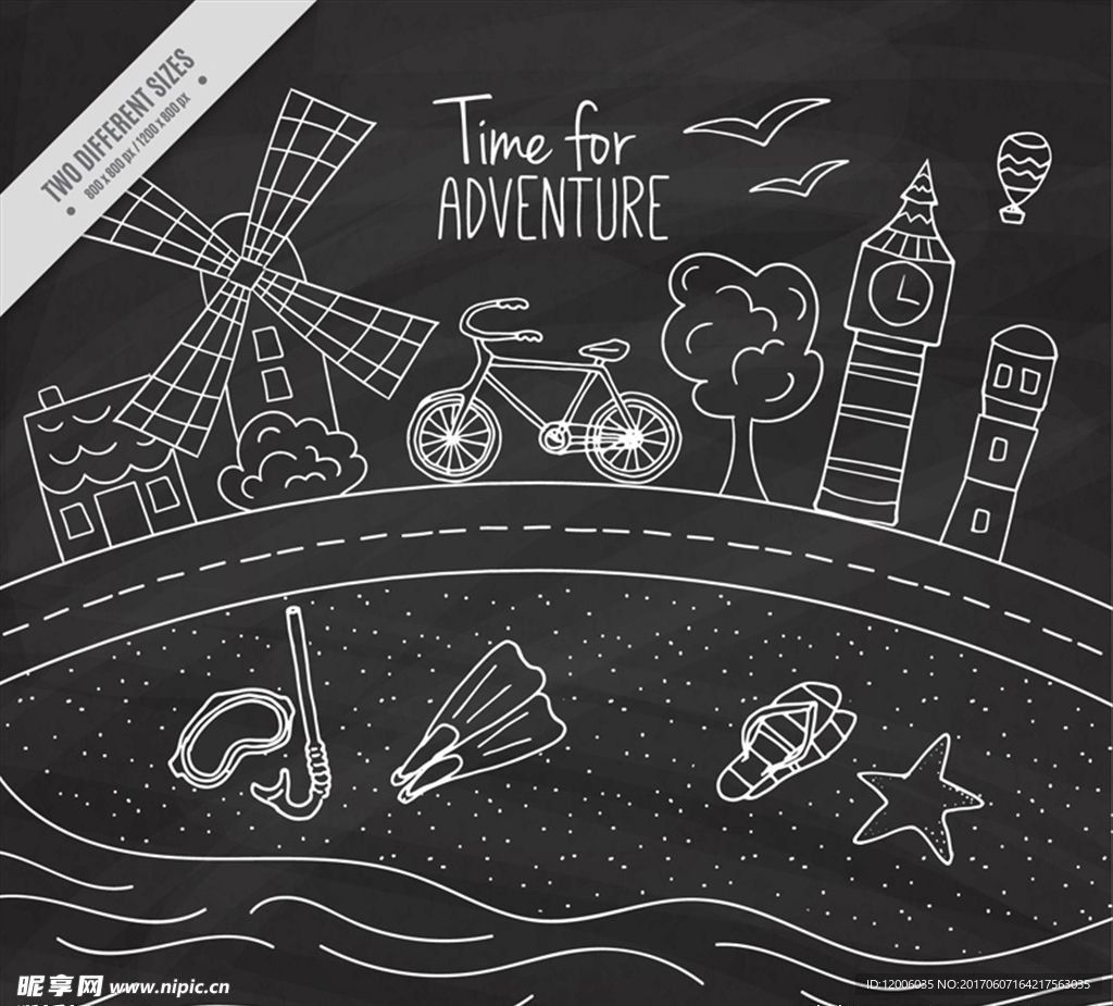 创意单车旅行黑板画矢量素材