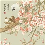 新中式国画海棠花鸟沙发背景墙