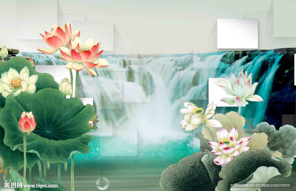 3d荷花山水背景墙