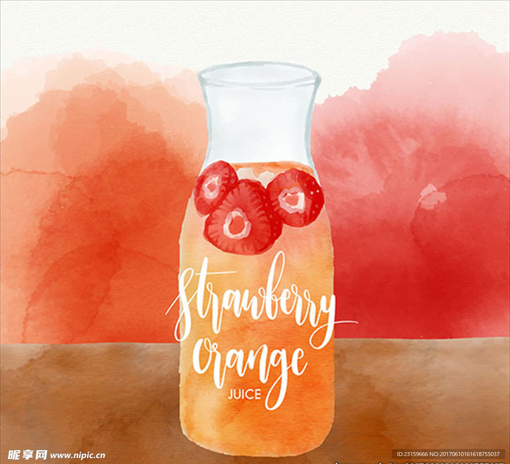 水彩草莓和橙汁的背景