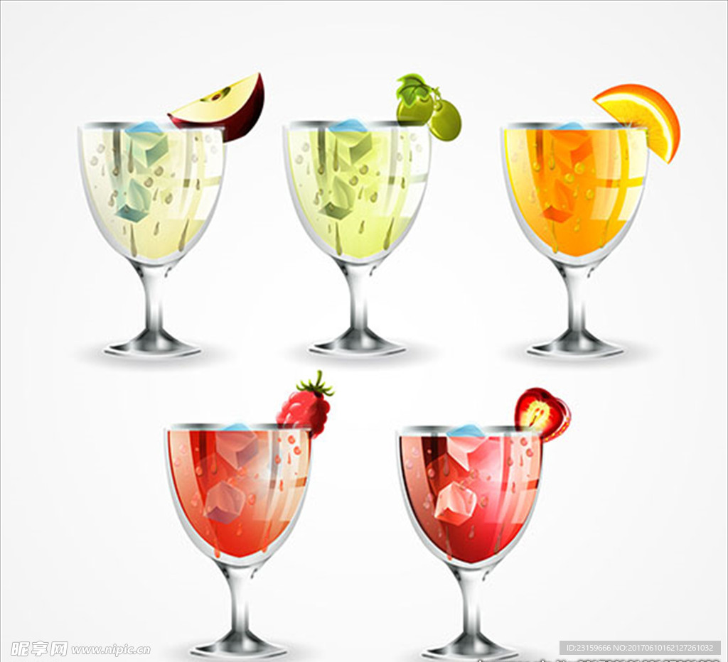 五款写实的美味水果饮料