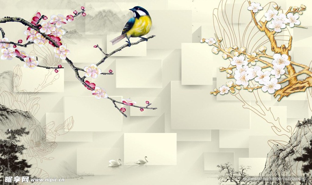 3D方块花鸟素材