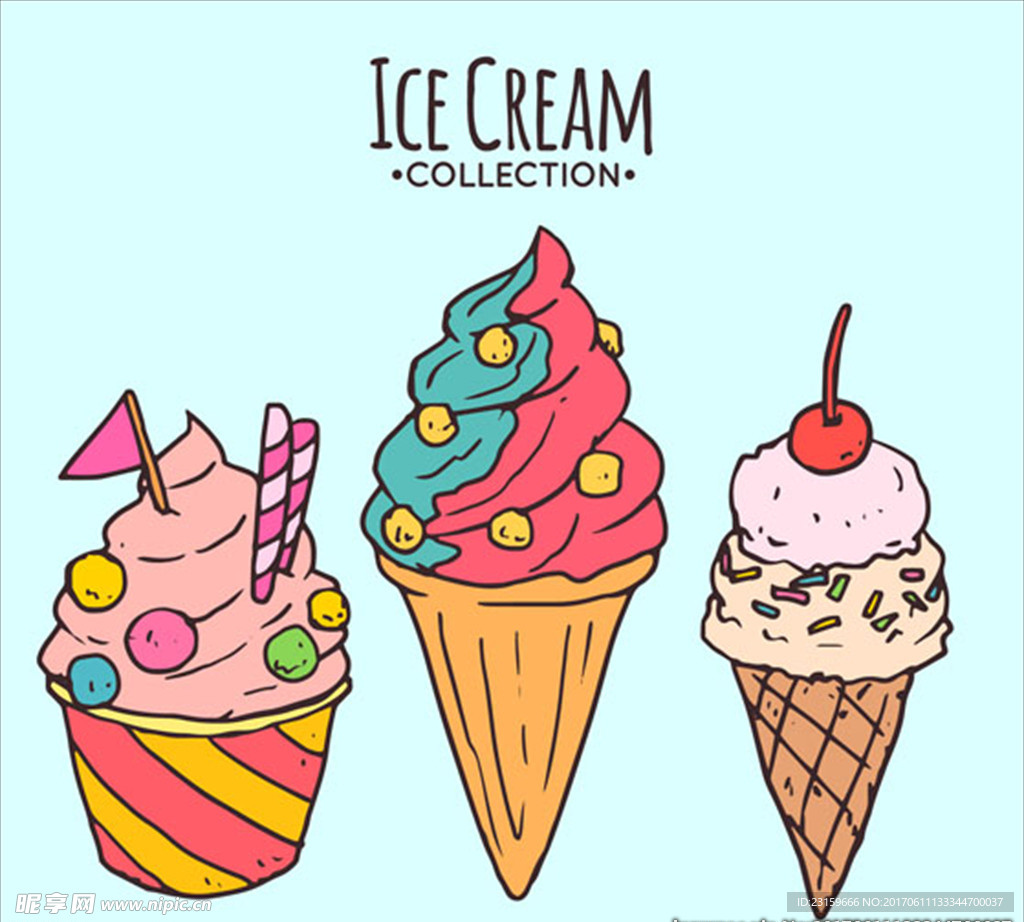三个手绘美味的冰淇淋