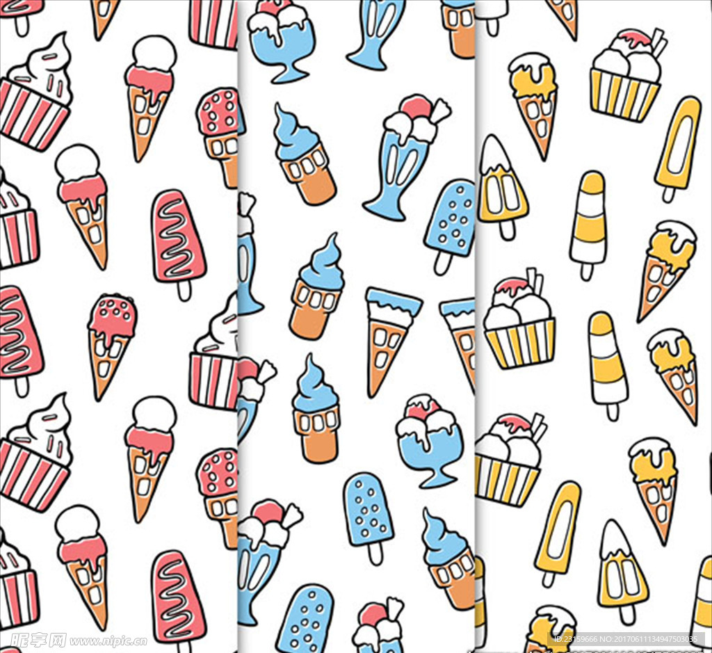 三种手绘冰淇淋图案