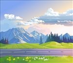 蓝天下的公路草地山脉和深林
