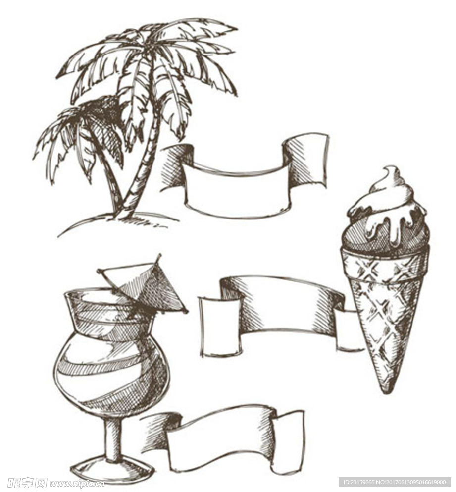 手绘夏季鸡尾酒棕榈树冰淇淋